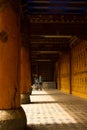 Inside the temple, huge columns, carpeted roads, sunlight, shadows, buildings