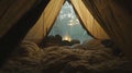 inside tent at dawn, blankets and gear, cozy . Royalty Free Stock Photo