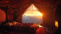 inside tent at dawn, blankets and gear, cozy . Royalty Free Stock Photo
