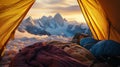 inside tent at dawn, blankets and gear, cozy . Royalty Free Stock Photo