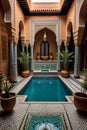 Inside a traditional Maroccan riad, a hidden oasis of tranquility within city walls, peaceful courtyards, tilework Royalty Free Stock Photo