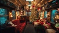 Inside train carrage christmas decoration. By generative Ai Royalty Free Stock Photo