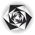 Inside triangular black white twisting form isolated. Vector background.