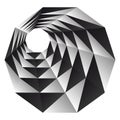 Inside triangular black white twisting form. Vector background.