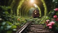 inside of a tunnel with lights A magical train on a mystical railway in the forest. The train is made of wood and vines, Royalty Free Stock Photo