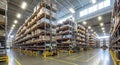Inside a vast warehouse, neatly arranged racks hold numerous boxes, illuminating the efficient storage and organization within the Royalty Free Stock Photo