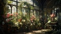 Inside a Victorian greenhouse full of plants and flowers in blossom.