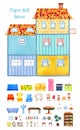 Inside view of big empty cartoon paper doll house with set of furniture and decorations. Hand drawn watercolor illustration