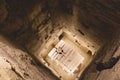 Inside View of the Brick Walls and Stone Columns of the Ancient Step Pyramid of Djoser in the Saqqara necropolis Royalty Free Stock Photo