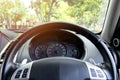 Inside view of car in the park. Royalty Free Stock Photo