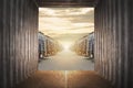 Inside View in Cargo Container. Cargo Trucks Parked Lot with The Sunset Sky. Shipping Container. Delivery Transit Distribution Royalty Free Stock Photo