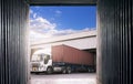 Inside View Cargo Container with Trailer Truck Parked Loading at Dock Warehouse. Royalty Free Stock Photo