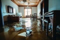 Inside view of a flooded dirty flat created with generative AI technology