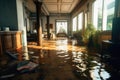 Inside view of a flooded dirty flat created with generative AI technology