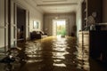 Inside view of a flooded dirty flat created with generative AI technology