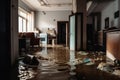 Inside view of a flooded dirty flat created with generative AI technology