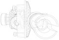 Inside view on gearbox cross section with gears and shafts. Wire-frame. EPS10 format. Vector created of 3d Royalty Free Stock Photo