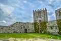 Inside view of medieval Montalegre castle, dramatic sky as background Royalty Free Stock Photo