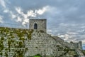 Inside view of medieval Montalegre castle, dramatic sky as background Royalty Free Stock Photo