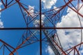 Inside view of telecommunication tower with microwave, radio panel antennas, outdoor remote radio units, power cables Royalty Free Stock Photo