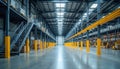 Inside view of warehouse showing shelves with merchandise. Empty storage area for freight distribution. Structural beams, secure Royalty Free Stock Photo