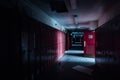 Hallway with Red Lockers and Doors - Vintage, Abandoned School