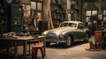 Inside a vintage car service shop, an experienced repairman meticulously jotting down details, AI generated