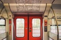 Inside The Wagon Train Germany, Dusseldorf. Empty train interior. interior view of corridor inside passenger trains with blue