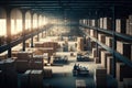Inside of warehouse with endless cardboard boxes and pallets with people working inside Royalty Free Stock Photo