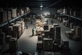 Inside of warehouse with endless cardboard boxes and pallets with people working inside Royalty Free Stock Photo