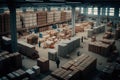Inside of warehouse with endless cardboard boxes and pallets with people working inside Royalty Free Stock Photo