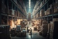 Inside of warehouse with endless cardboard boxes and pallets with people working inside Royalty Free Stock Photo
