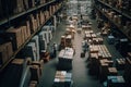 Inside of warehouse with endless cardboard boxes and pallets with people working inside Royalty Free Stock Photo