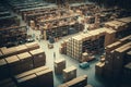 Inside of warehouse with endless cardboard boxes and pallets with people working inside Royalty Free Stock Photo