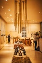 Inside the wine manufacture shop `Staatlicher Hofkeller WÃÂ¼rzburg`. With white and red wine in traditional round bottles