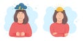 Inside womanÃ¢â¬â¢s head concept. Good and bad mood. Sun or clouds in place of brain. Girl happy or angry, pre menstrual syndrome PMS