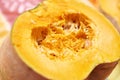 Insides of cut pumpkin closeup Royalty Free Stock Photo