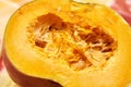Insides of cut pumpkin closeup Royalty Free Stock Photo