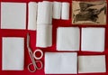 Insides of a First-Aid kit isolated on a red background