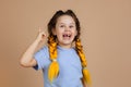 Insidious smart child with yellow kanekalon braids on head having eureka moment due to great idea with opened mouth with