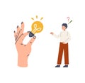 Insight, sudden creative idea. Guy reaches out and takes solution to problem. Help and support from others, psychology