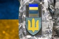 Insignia on the shoulder sleeves of the Armed Forces of Ukraine. Emblem of Ukraine. Camouflage uniform of the armed