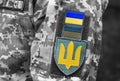 Insignia on the shoulder sleeves of the Armed Forces of Ukraine. Emblem of Ukraine. Camouflage uniform of the armed