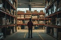 Insignificant Back view of person in huge warehouse. Generate ai Royalty Free Stock Photo