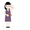 Woman holding a withered flower, pretending to cry, and hiding her tricky face behind a sad emotional mask. Vector illustration. Royalty Free Stock Photo