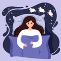 Insomnia. Beautiful young girl in bed with open eyes  cannot sleep. Woman counting sheep Royalty Free Stock Photo