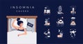 Insomnia causes vector illustration set. Sleepless young woman in bed. Reasons of insomnia: electronic devices Royalty Free Stock Photo