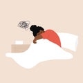 Insomnia concept. Tired african woman having difficulty falling asleep. Sleepless girl lying in bed and thinking about