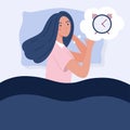 Insomnia concept. Young woman staying in bed at night with sleep trouble. Flat style vector illustration