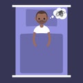 Insomnia conceptual illustration. young black man lying in the b